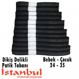 Dikiş Delikli Örme Patik Tabanı Bebe / Çocuk 12 Çift - Siyah